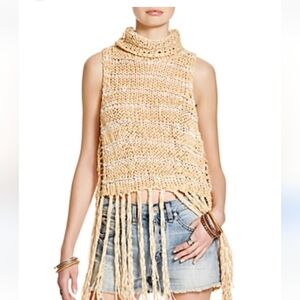 Free People open knit cotton blend sleeveless fringe detailing sweater top